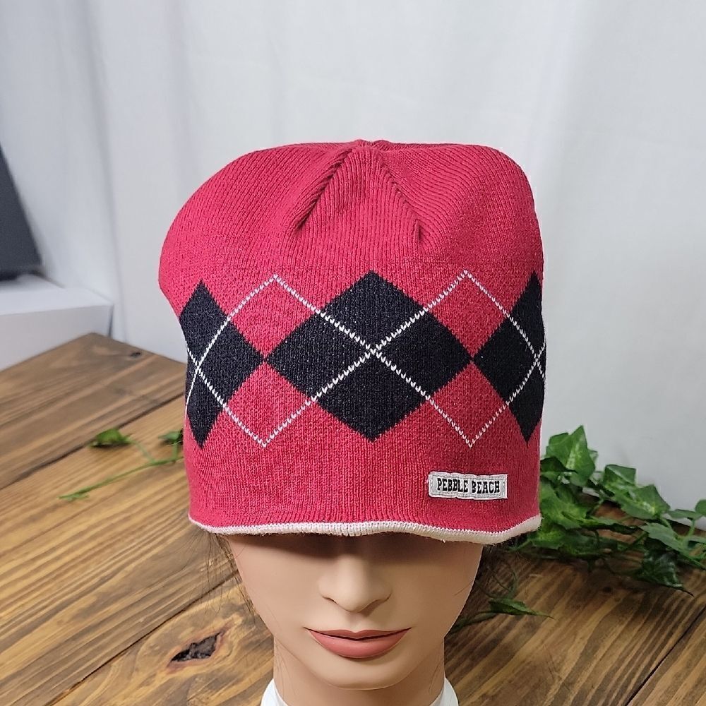 Pebble Beach. Argyle Knit Beanie. Reversible. EUC